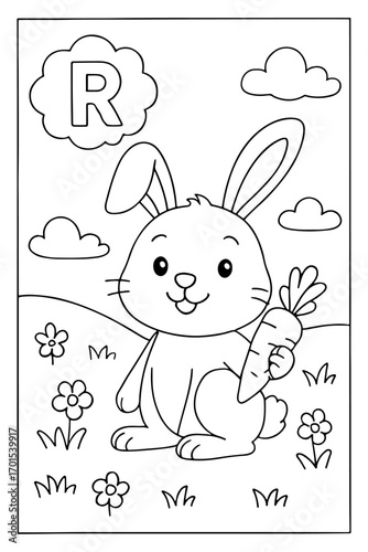 Alphabet coloring page with letter R and a cute rabbit holding a carrot in the garden, a fun and educational activity for preschool kids to learn the alphabet while coloring.