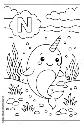 Alphabet coloring page with letter N and a cute narwhal in the ocean, perfect for preschool kids learning the alphabet and enjoying creative coloring fun.