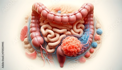 Colorectal cancer concept as a colon disease medical illustration of a large intestine with a malignant tumor growth disease of the digestive system.