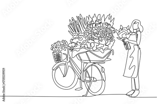 Single one line drawing a bicycle with a pile of flowers on the back. Selling flowers around. Small business from an early age. National Small Business Day. Continuous line design graphic illustration
