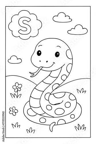 Alphabet coloring page with letter S and a cute snake in the garden, a fun and educational activity for preschool kids to learn the alphabet while coloring.