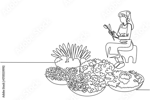 Single continuous line drawing a woman sitting and some baskets containing several types of flowers. Peddling on the roadside. Florist. National Small Business Day. One line design vector illustration