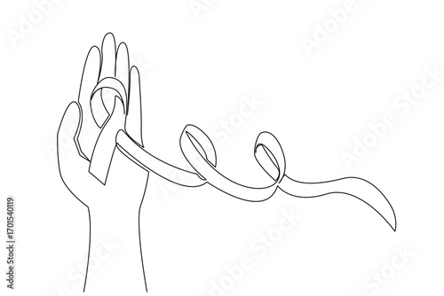 Single continuous line drawing the palm is open and above it is a ribbon. Asking for a helping hand for compassion. Inviting to help others. Sick. World Lupus Day. One line design vector illustration