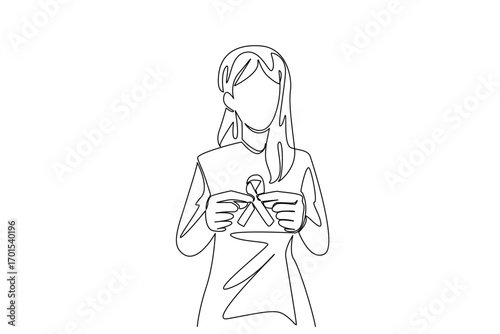 Single one line drawing a young woman holds a ribbon with both hands. Symbol of health. Inviting donations. More health concerns. Charity. World Lupus Day. Continuous line design graphic illustration
