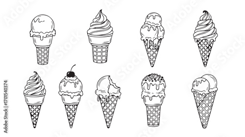Collection of hand drawn ice cream cones in a simple black and white silhouette style