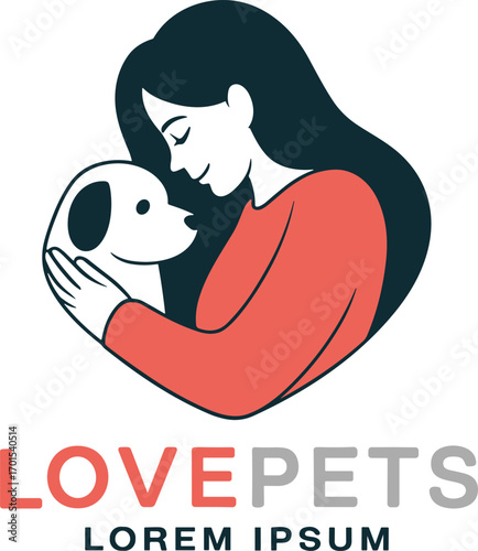 Love pets illustration, woman hugging dog, animal care logo, pet adoption design, veterinary support, pet lover concept, animal friendship icon.