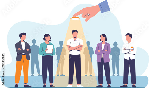 Business recruitment illustration, human resources choosing candidate, hiring process spotlight, car.
