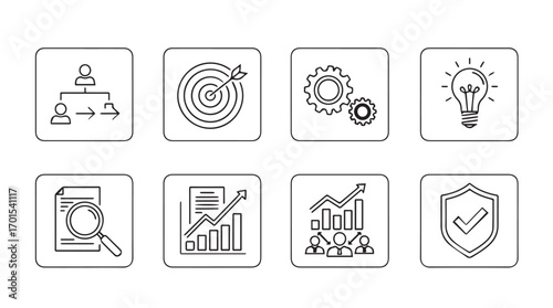 Collection of business strategy icons in a sketch silhouette style