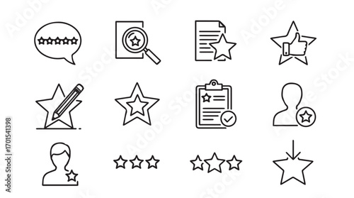 Collection of hand drawn star rating icons and review symbols silhouette