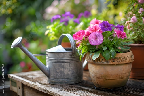 Watering can and potted flowers on wooden table in garden, concept of gardening, plant care and springtime nature