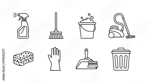 Collection of cleaning supplies and tools in a simple outline silhouette style