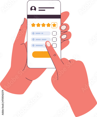 Customer review rating on mobile phone, feedback evaluation app interface, five star rating system, online survey satisfaction, service quality assessment vector.