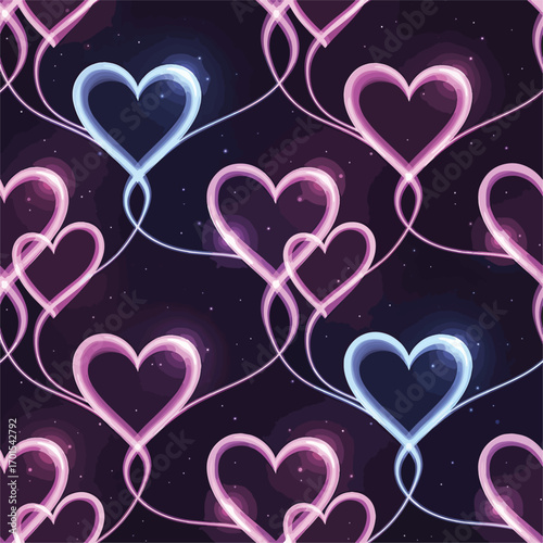 Seamless pattern of glowing hearts with connecting lines on a dark background, seamless pattern, Stock royalty image.