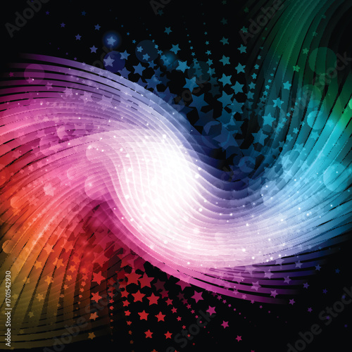 Abstract swirling nebula of vibrant colors and sparkling light particles