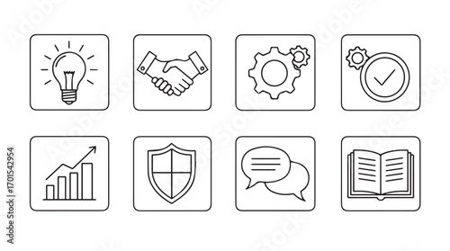 Collection of business concept icons in a hand drawn silhouette style