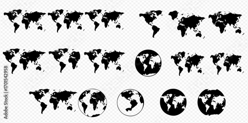 Multiple world map projections and globe representations in black and white on a transparent background.
