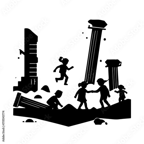 A powerful and hopeful black and white icon depicting children playing amidst ruins. This illustration captures a poignant scene of resilience, showing how children find moments of joy 