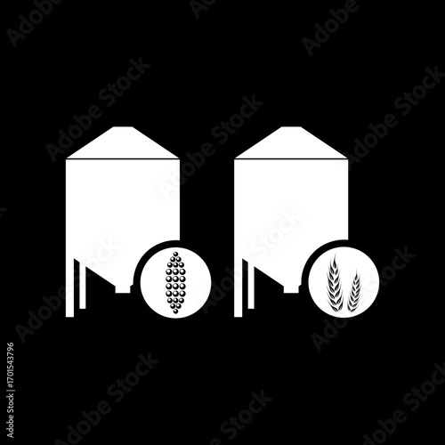 Wheat and corn silo icon isolated on black background