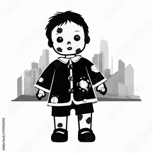 A powerful and somber black and white icon depicting a worn-out doll or a tattered toy against a blurry backdrop of ruins. This illustration serves as a potent metaphor for a childhood lost to war