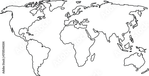 Simple black outline world map illustration, blank global continents design, geography education, travel concept, earth continents drawing, minimal map template.