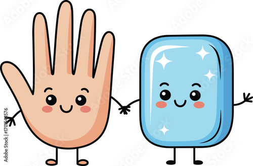 Cute cartoon illustration of happy hand and soap bar holding hands, hygiene awareness, handwashing promotion, healthcare, cleanliness, safety, prevention.