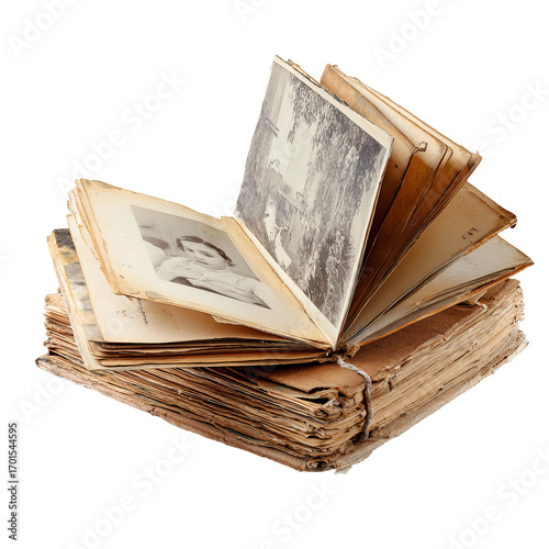 Vintage photo album open, showing aged photos