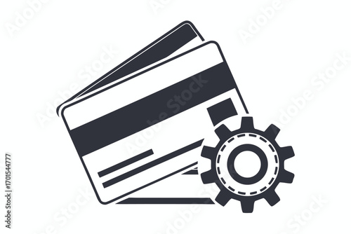 Dark Grey Credit Card and Cogwheel on a White Background, Business Icon