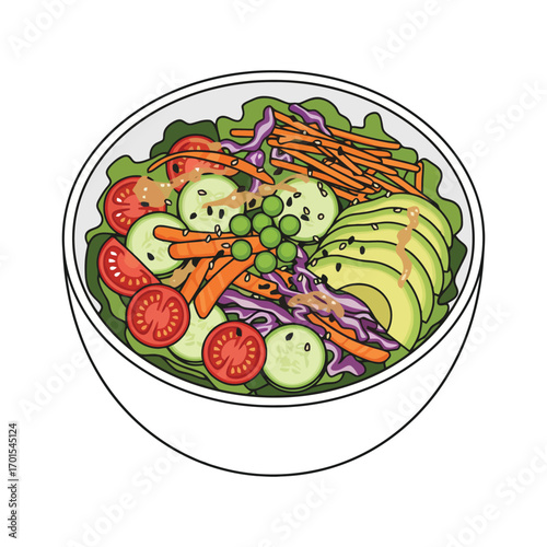A top-down illustration of a colorful and healthy salad bowl filled with fresh vegetables and sliced avocado.