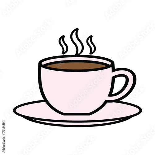 A simple, hand-drawn illustration of a pink ceramic coffee cup filled with dark coffee, sitting on a matching saucer with steam rising.