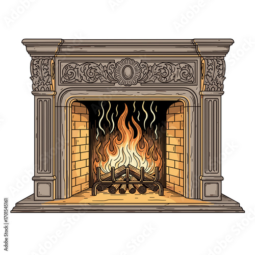 Ornate classic fireplace with burning fire in vintage illustration