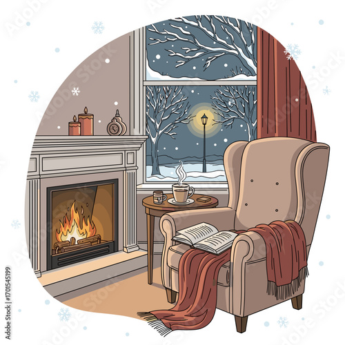 Cozy reading nook by fireplace with winter window view