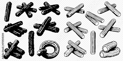 Black and white illustration of stacked and scattered cylindrical shapes, some forming a ring.