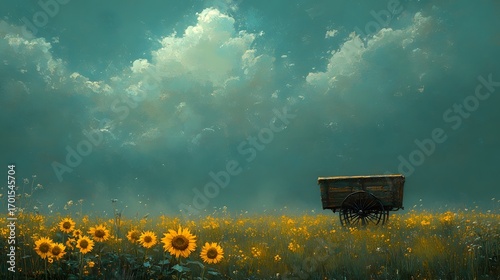 Rustic Farm Wagon in Sunflower Field Landscape