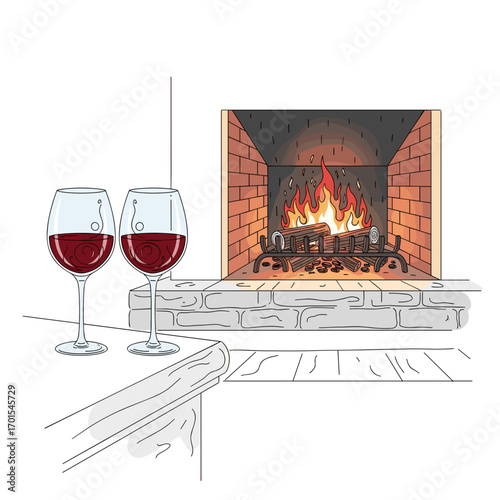 Two glasses of red wine by burning fireplace in cozy setting