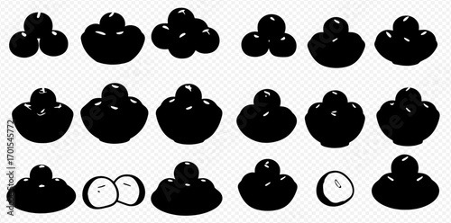 Collection of stylized, black silhouette images of ackee fruit in various arrangements and forms.