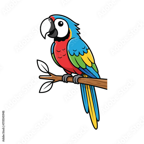 A vibrant, stylized illustration of a macaw parrot with blue, red, and yellow plumage sitting on a wooden branch with leaves.