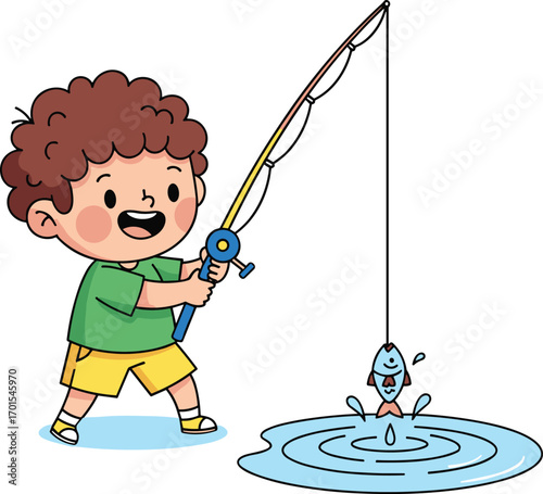 Happy little boy fishing cartoon illustration with fishing rod, smiling child catching fish from water, outdoor fun, summer activity drawing.