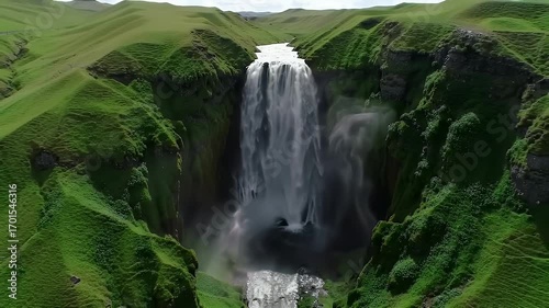 A breathtaking aerial view of a powerful waterfall cascading down a dramatic cliff face, surrounded by vibrant green hills.