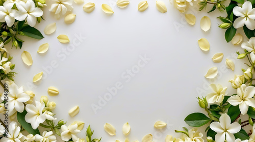 Delicate Gardenia Flowers and Petals Arranged in a Frame on White Background