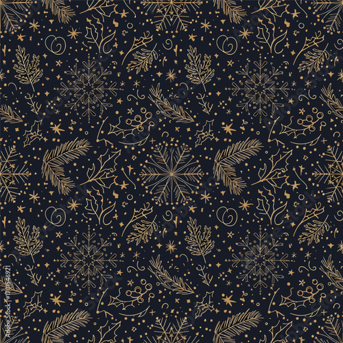 Elegant gold festive Christmas pattern with snowflakes, leaves, and stars on a dark background, patern seamless, Stock royalty.