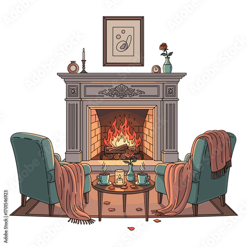 Cozy fireplace scene with two armchairs, blankets, and hot drinks