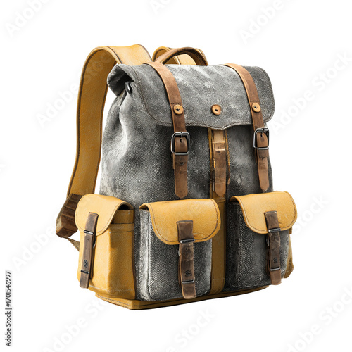 Gray-and-tan backpack with pockets