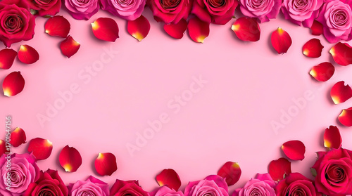 Romantic Rose Arrangement with Petals Bordering Pink Background Space