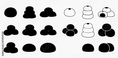 Illustration of various mochi arrangements, including single, stacked, and grouped mochi, in both solid black and outline styles.