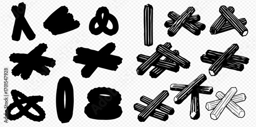 Collection of abstract shapes and stylized log piles, black and white vector illustration.