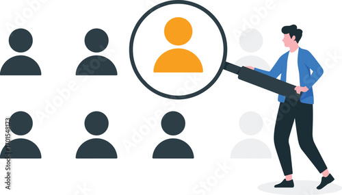 Business recruitment concept illustration, candidate selection process, HR management design, magnifying glass searching employee, human resources hiring, job recruitment.