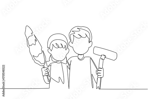 Single one line drawing a boy and a girl standing carrying a vacuum cleaner and a feather duster. Working together to clean. National Clean Your Room Day. Continuous line design graphic illustration