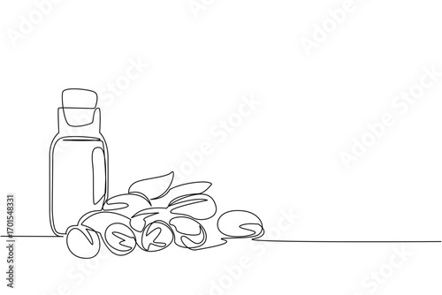 Single continuous line drawing scattered argania seeds and bottles of argania oil. Treatment oil in bottle. Easy to carry and useful. International Day of Argania. One line design vector illustration