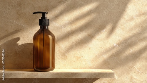 Amber glass bottle with pump dispenser rests on a light beige shelf against a textured wall with leaf shadows