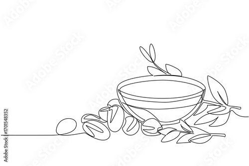 Single one line drawing argania seeds scattered around as well as bowls filled with argania oil. Argan oil with many benefit. International Day of Argania. Continuous line design graphic illustration